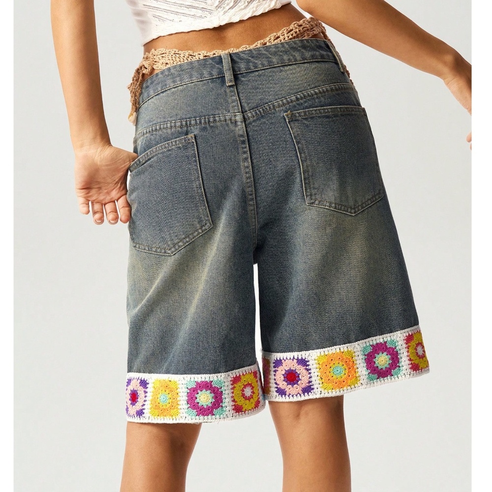 Dark Wash Crochet Colorful Bermuda Mom Denim Jean Shorts - Picture 5 of 7